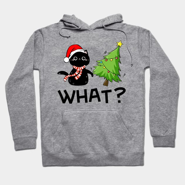 Funny Black Cat Wearing Santa Hat Pushing Christmas Tree Over Cat What? Hoodie by mittievance